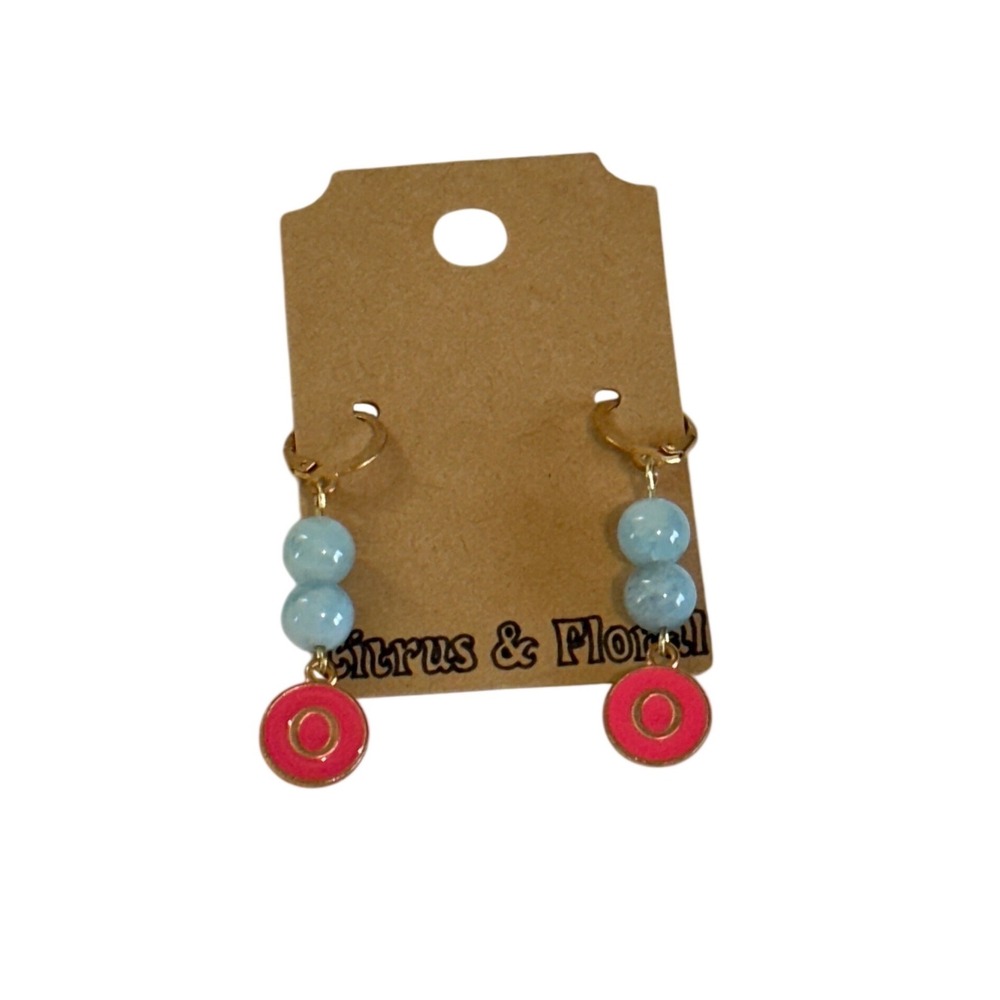 Initial Letter O Beaded Hoop Earrings Blue Gemstone Gold Tone‎ Dangle